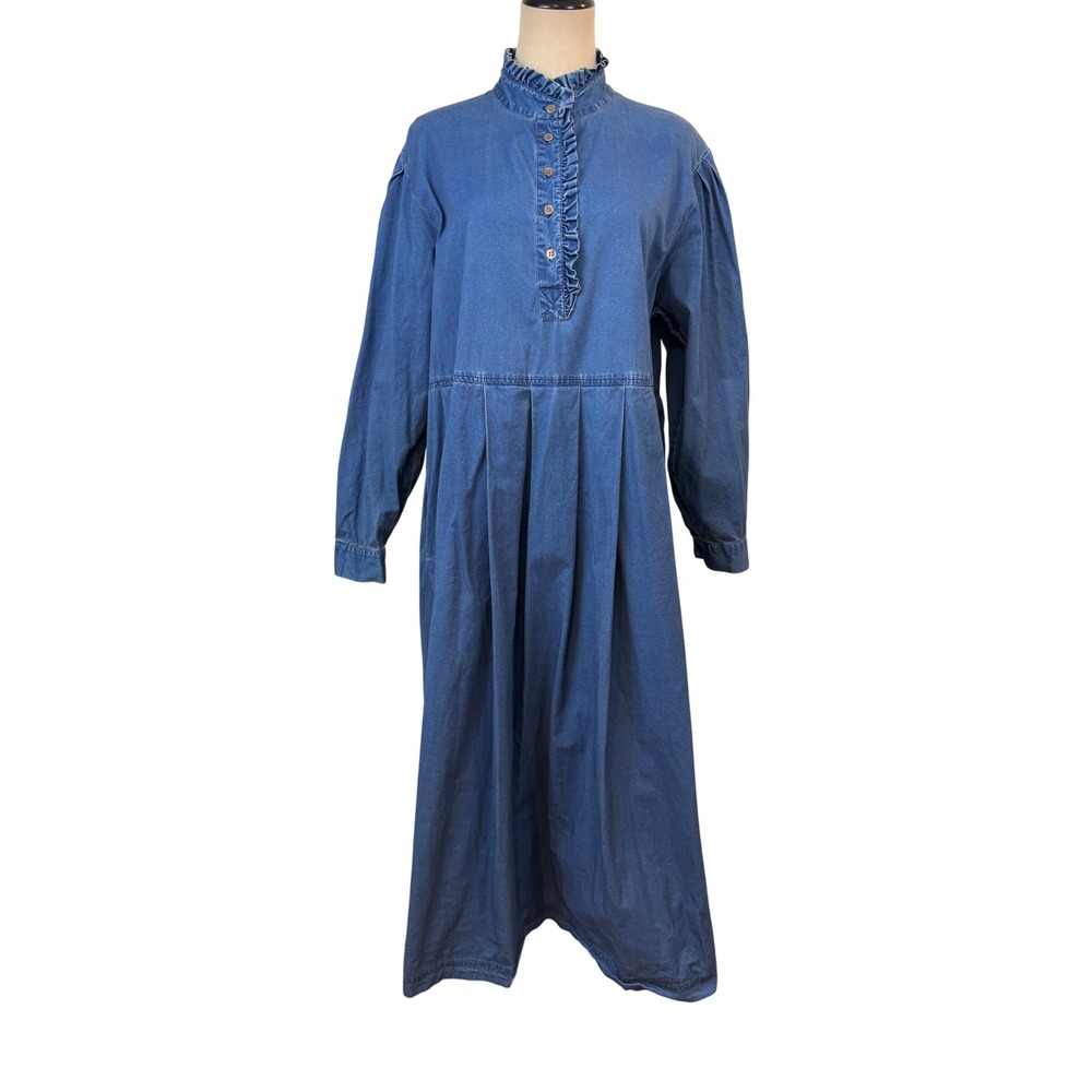 Vtg Laura Ashley Denim Dress 12 Blue Ruffle Maxi  Cottagecore modest‎ Prairie